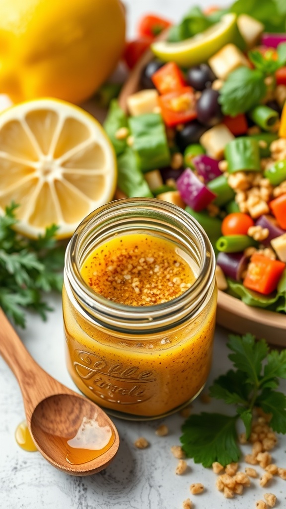 Zesty quinoa salad dressing in a jar with fresh lemons and herbs.